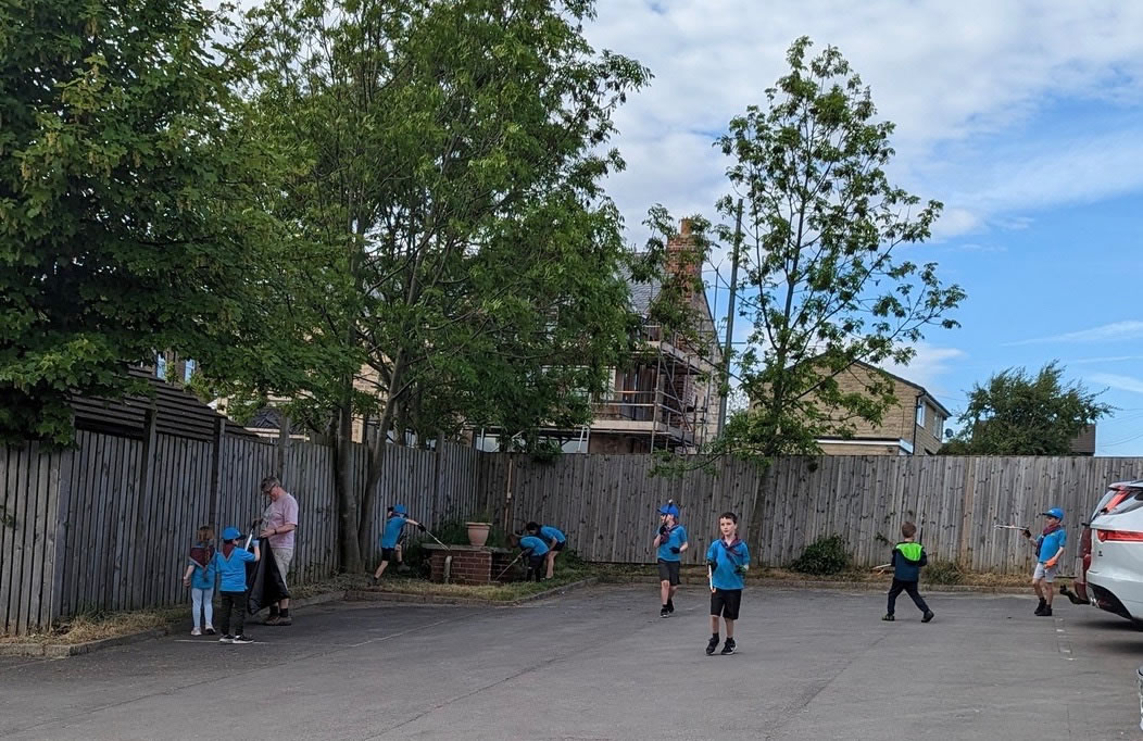 Our Beavers carrying out a litter pick around the scout hut