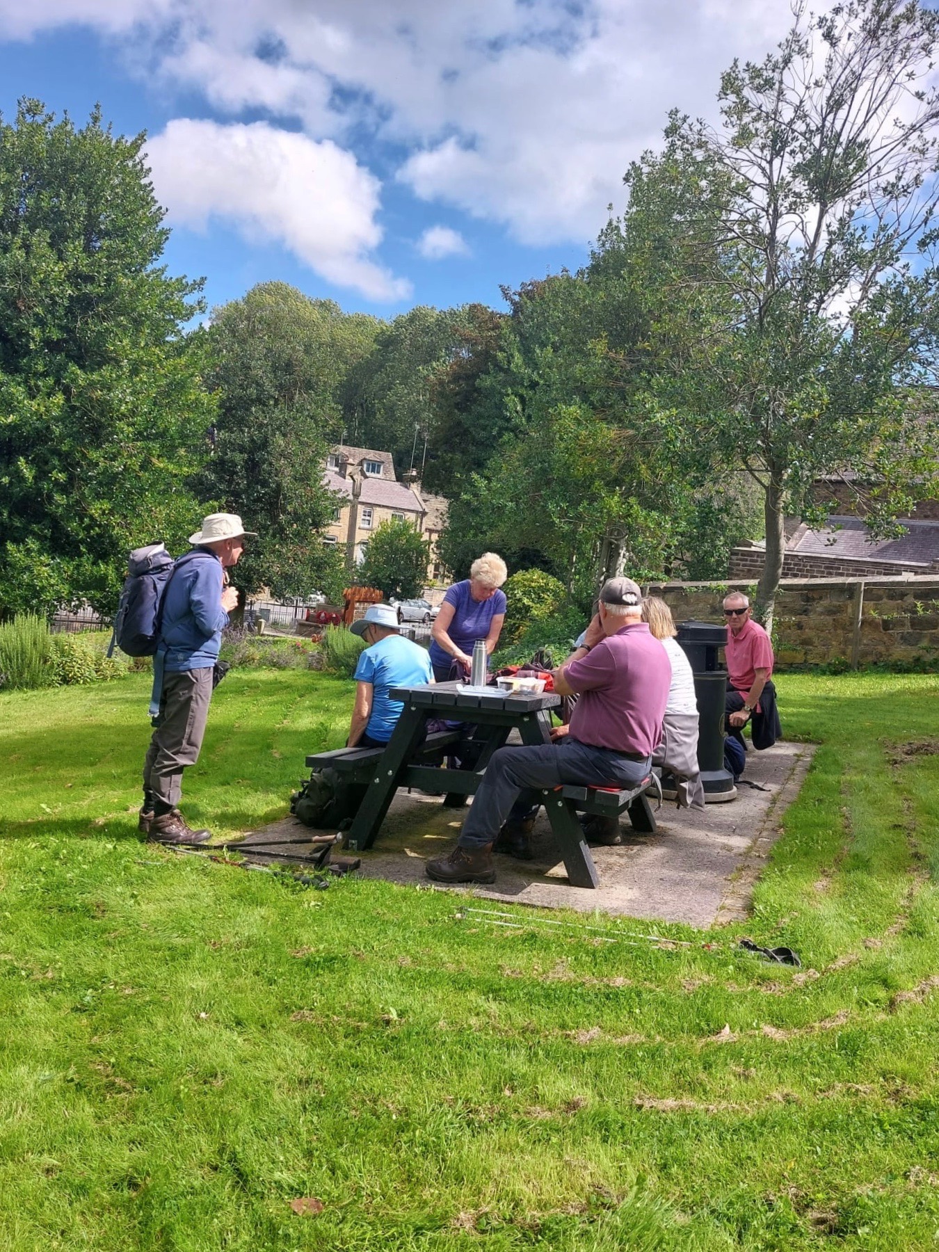 Ramblers enjoying a tea break in the Memorial Gardens