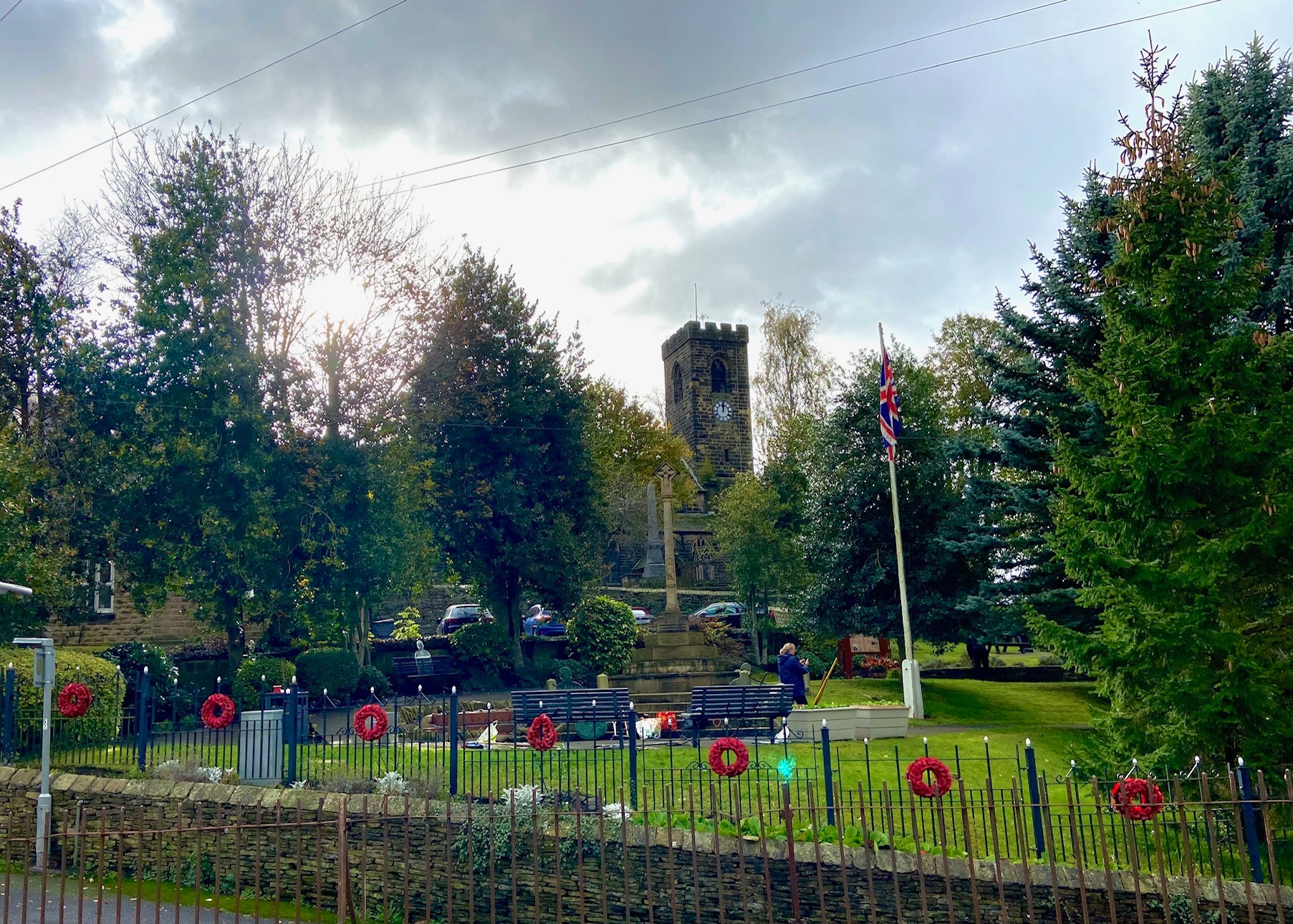 The Memorial Gardens with the Church tower visible in the background
