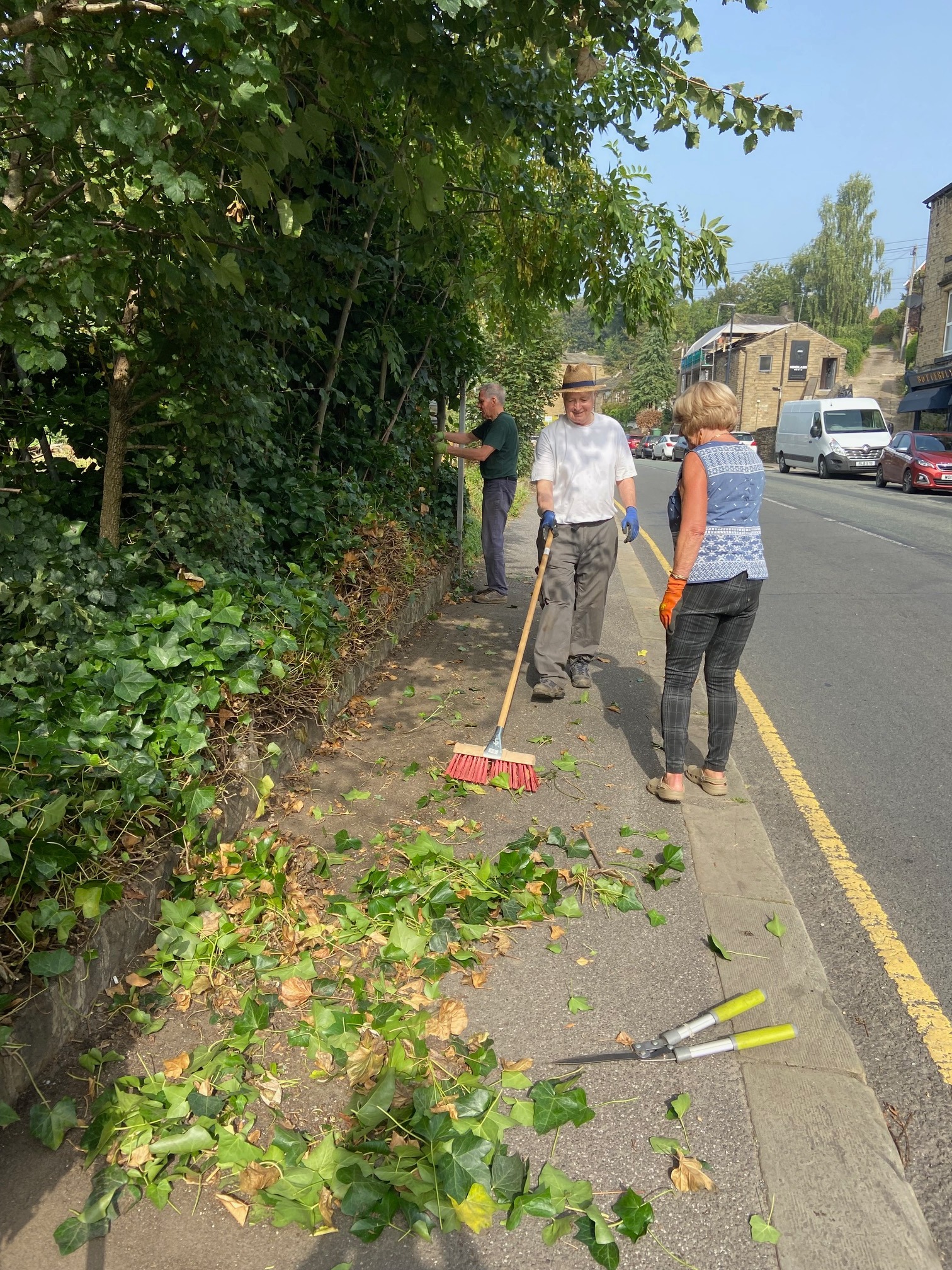 Volunteers clearing growth of trees and ivy on North Road
