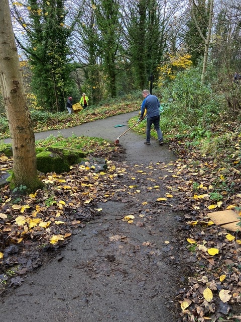 Volunteers clearing leaves in the Quarry